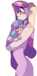Size: 1600x3300 | Tagged: safe, artist:mili-kat, princess cadance, princess flurry heart, human, g4, baby, baby flurry heart, child, daughter, eyes closed, female, freckles, hug, humanized, mama cadence, mother and child, mother and daughter, sleeping