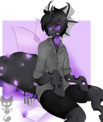 Size: 1024x1211 | Tagged: safe, artist:teranen, oc, oc only, oc:memorynumber, changeling, anthro, unguligrade anthro, abdomen, arm hooves, changeling oc, clothes, male, mouth hold, no pupils, paintbrush, purple changeling, solo
