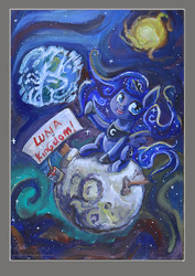 Size: 657x930 | Tagged: safe, artist:lexx2dot0, princess luna, g4, acrylic painting, female, hammer, moon, paint, planet, scenery, sign, solo, sun, tangible heavenly object, traditional art, waving