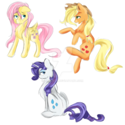 Size: 1024x1024 | Tagged: safe, artist:llaurm34, applejack, fluttershy, rarity, g4, floppy ears, looking back, sitting, watermark