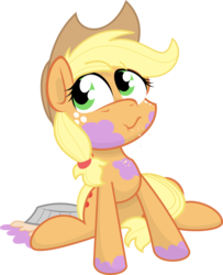 Size: 1453x1788 | Tagged: dead source, safe, artist:jittery-the-dragon, applejack, g4, cute, female, food, jackabetes, liar face, liarjack, pie, simple background, sitting, solo, transparent background