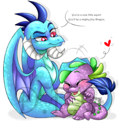 Size: 1024x1024 | Tagged: safe, artist:dragonfoxgirl, princess ember, spike, dragon, g4, gauntlet of fire, heart, petting, raised eyebrow, simple background, spikelove, transparent background, watermark