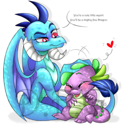 Size: 1024x1024 | Tagged: safe, artist:dragonfoxgirl, princess ember, spike, dragon, g4, gauntlet of fire, duo, heart, petting, raised eyebrow, simple background, spikelove, transparent background, watermark