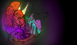 Size: 1024x600 | Tagged: safe, artist:speedpaintthegod, trixie, demon, pony, unicorn, g4, dark magic, female, glowing eyes, magic, magic circle, mare, sketch, solo, summoning circle