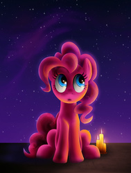 Size: 1248x1650 | Tagged: safe, artist:empalu, pinkie pie, g4, candle, color porn, female, looking up, night, open mouth, sitting, solo, stargazing, starry night, stars