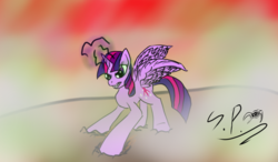 Size: 1024x600 | Tagged: safe, artist:speedpaintthegod, twilight sparkle, alicorn, pony, g4, corrupted, corrupted twilight sparkle, dark magic, dust, female, glowing eyes, magic, mare, possessed, possession, solo, twilight sparkle (alicorn)