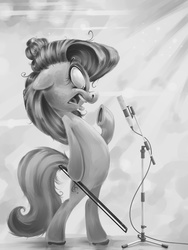 Size: 1500x2000 | Tagged: safe, artist:v747, octavia melody, pony, g4, bipedal, bow (instrument), female, grayscale, messy mane, microphone, monochrome, open mouth, solo, standing
