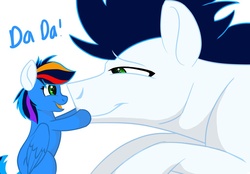 Size: 1024x713 | Tagged: safe, artist:colourstrike, soarin', oc, oc:glider, pegasus, pony, g4, daddy soarin', father and daughter, first words, offspring, parent:rainbow dash, parent:soarin', parents:soarindash, simple background, white background