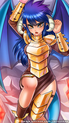 Size: 500x887 | Tagged: safe, artist:racoonsan, princess ember, human, gauntlet of fire, armor, breastplate, clothes, dragon armor, elf ears, fangs, female, horned humanization, horns, humanized, looking at you, on back, open mouth, patreon, solo, tail, tailed humanization, tsundember, tsundere, winged humanization
