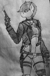 Size: 1250x1920 | Tagged: safe, artist:sherman222, oc, oc only, oc:moon ash, bat pony, anthro, anthro oc, breasts, clothes, collar, cyberpunk, female, gun, jacket, police, police uniform, revolver, short hair, small breasts, solo, suit, traditional art