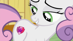 Size: 614x346 | Tagged: safe, screencap, sweetie belle, pony, g4, on your marks, cropped, cutie mark, cutie mark adoration, female, solo, stare, the cmc's cutie marks
