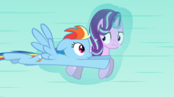 Size: 1776x998 | Tagged: safe, artist:forgalorga, rainbow dash, starlight glimmer, pegasus, pony, unicorn, starlight vs mane 6, g4, :i, face, faic, female, flying, levitation, magic, mare, self-levitation, telekinesis, vector