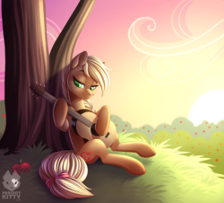 Size: 5232x4720 | Tagged: safe, artist:silkensaddle, oc, oc only, oc:pink lady, absurd resolution, apple, food, guitar, musical instrument, not applejack, solo, tree