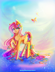 Size: 2893x3759 | Tagged: safe, artist:minamikoboyasy, fluttershy, butterfly, g4, female, flower, flower in hair, high res, raised hoof, solo, water