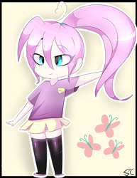 Size: 1333x1731 | Tagged: safe, artist:php69, fluttershy, human, g4, alternate hairstyle, chibi, clothes, female, humanized, miniskirt, pleated skirt, ponytail, skirt, socks, solo, thigh highs, thigh socks, zettai ryouiki