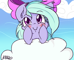 Size: 2000x1636 | Tagged: safe, artist:freefraq, flitter, pony, g4, blushing, bow, cheek fluff, cloud, cute, daaaaaaaaaaaw, ear fluff, female, flitterbetes, freefraq is trying to murder us, hair bow, heart eyes, looking at you, prone, smiling, solo, wingding eyes