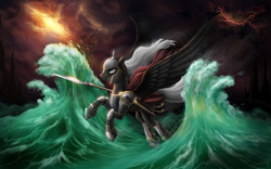 Size: 1920x1200 | Tagged: safe, artist:empalu, oc, oc only, armor, cape, clothes, epic, flying, gritted teeth, lightning, ocean, solo, spear, stormcloud, sword, wave, weapon