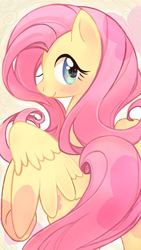Size: 640x1136 | Tagged: safe, artist:oyu, fluttershy, g4, blushing, female, looking at you, looking back, looking back at you, pixiv, raised hoof, smiling, solo, spread wings