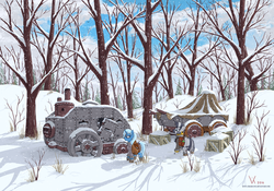 Size: 3000x2100 | Tagged: safe, artist:eriada, trixie, zecora, pony, unicorn, zebra, g4, abandoned, boxes, clothes, coat, female, forest, high res, hoof boots, mare, saddle bag, scenery, snow, snowfall, tank (vehicle), trailer, winter