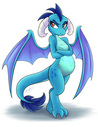 Size: 1275x1650 | Tagged: safe, artist:ambris, edit, princess ember, dragon, g4, gauntlet of fire, belly, colored pupils, female, mama ember, pregnant, pregnant edit, solo, tsundere