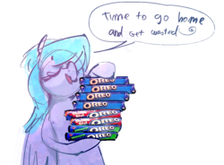 Size: 951x700 | Tagged: safe, artist:alumx, cloudchaser, pegasus, pony, g4, cookie, cute, eyes closed, female, food, holding, imminent consumption, imminent stuffing, mare, oreo, simple background, snacks, solo, speech bubble, stack, standing, this will end in diabetes, wasted, white background
