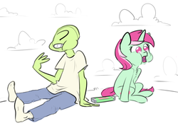 Size: 1111x804 | Tagged: safe, artist:nobody, minty bubblegum, oc, oc:anon, human, g4, chewing, gum, kid anon, younger