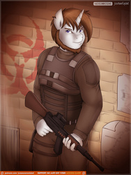 Size: 1280x1706 | Tagged: safe, artist:jcosneverexisted, oc, oc only, anthro, beard, commission, gun, patreon, patreon logo, solo, weapon