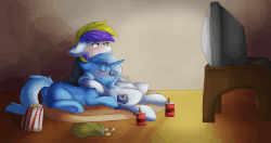 Size: 852x451 | Tagged: safe, artist:oddends, trixie, oc, oc:juby skylines, pegasus, pony, unicorn, g4, animated, blushing, canon x oc, chips, cute, female, food, lesbian, mare, movie night, popcorn, shipping, snuggling, television