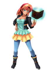 Size: 800x1066 | Tagged: safe, artist:yatonokami, sunset shimmer, equestria girls, g4, book, clothes, female, human coloration, magic, pants, simple background, solo, telekinesis, transparent background
