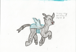 Size: 3302x2268 | Tagged: safe, artist:derek the metagamer, changeling, crayon drawing, cute, galloping, high res, singing, traditional art
