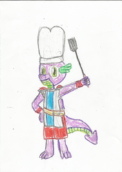 Size: 2325x3290 | Tagged: safe, artist:derek the metagamer, spike, g4, chef, chef's hat, clothes, cosplay, costume, crayon drawing, hat, high res, male, solo, spatula, traditional art