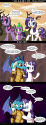 Size: 650x1755 | Tagged: safe, artist:deusexequus, princess ember, rarity, spike, twilight sparkle, alicorn, dragon, pony, unicorn, g4, gauntlet of fire, season 6, adventure in the comments, comic, dagger, dialogue, dragoness, female, horn, implied emberspike, jealous rarity, knife, male, mare, nose wrinkle, ship:sparity, shipping, straight, switchblade, threat, threatening, twilight sparkle (alicorn), yandere, yanderity