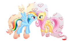 Size: 1024x587 | Tagged: safe, artist:anobouzu, fluttershy, rainbow dash, pegasus, pony, g4, boop, duo, eye contact, female, imminent kissing, kissing, lesbian, lidded eyes, looking at each other, looking at someone, mare, noseboop, ship:flutterdash, shipping