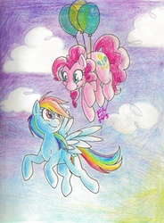 Size: 766x1043 | Tagged: safe, artist:prehistoricplague, pinkie pie, rainbow dash, g4, balloon, drawing, then watch her balloons lift her up to the sky