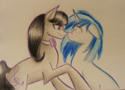 Size: 1024x735 | Tagged: safe, artist:waterferret, dj pon-3, octavia melody, vinyl scratch, g4, blushing, female, lesbian, ship:scratchtavia, shipping, traditional art