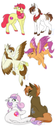 Size: 596x1341 | Tagged: safe, artist:bluesidearts, apple bloom, button mash, featherweight, pipsqueak, scootaloo, sweetie belle, classical unicorn, pony, g4, backwards cutie mark, colored wings, colored wingtips, cutie mark, female, horn, leonine tail, male, nudity, older, scootaloo can fly, sheath, ship:pipbloom, ship:scootaweight, ship:sweetiemash, shipping, straight, tail feathers, the cmc's cutie marks, unshorn fetlocks