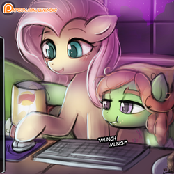 Size: 750x750 | Tagged: safe, artist:lumineko, fluttershy, tree hugger, earth pony, pegasus, pony, g4, chewing, computer, eating, lays, onomatopoeia, patreon, patreon logo