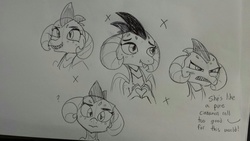 Size: 1280x720 | Tagged: safe, artist:tjpones, princess ember, dragon, g4, blushing, cute, emberbetes, grayscale, lineart, monochrome, smiling, sparkles, traditional art