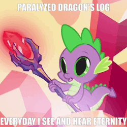 Size: 442x442 | Tagged: safe, spike, dragon, g4, gauntlet of fire, animated, bloodstone scepter, bloodstoned spike, bravest warriors, caption, dragon lord spike, eye shimmer, male, meme, mind blown, paralyzed horse, solo, text
