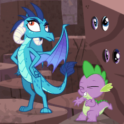 Size: 446x447 | Tagged: safe, screencap, princess ember, rarity, spike, twilight sparkle, dragon, g4, gauntlet of fire, disguise, gif, non-animated gif, pointing, reaction image, rock costume, smiling, twilight sparkle (alicorn), unamused