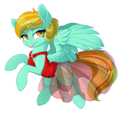 Size: 1000x952 | Tagged: safe, artist:pusspuss, lightning dust, pegasus, pony, g4, alternate hairstyle, clothes, dress, fanfic art, female, lightning babe, lipstick, mare, simple background, smiling, solo, transparent background