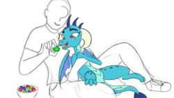 Size: 2560x1440 | Tagged: safe, artist:frikdikulous, princess ember, oc, oc:anon, dragon, human, g4, colored, cute, emberbetes, feeding, female, gem, human on dragon snuggling, male, open mouth, smiling