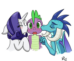 Size: 1255x1050 | Tagged: safe, artist:xenosaga428, princess ember, rarity, spike, dragon, unicorn, g4, gauntlet of fire, age difference, blushing, cheek kiss, cute, dragoness, female, horn, kiss sandwich, kissing, looking at you, male, ot3, ship:emberspike, ship:sparember, ship:sparity, shipping, spikabetes, spike gets all the mares, spikelove, straight