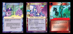 Size: 1619x750 | Tagged: safe, enterplay, queen chrysalis, rainbow dash, twilight sparkle, changeling, cyborg, g4, marks in time, my little pony collectible card game, alternate timeline, amputee, apocalypse dash, augmented, ccg, changeling officer, chrysalis resistance timeline, crystal war timeline, irony, merchandise, prosthetic limb, prosthetic wing, prosthetics, spike's egg
