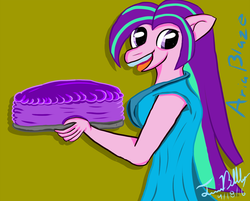 Size: 1024x824 | Tagged: safe, artist:twibubblegum, aria blaze, anthro, g4, cake, female, food, simple background, solo