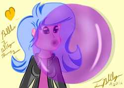 Size: 1234x872 | Tagged: safe, artist:twibubblegum, oc, oc only, oc:sugerless bubblegum, human, equestria girls, g4, bubble, bubblegum, clothes, food, heart, jacket, simple background, solo, t-shirt