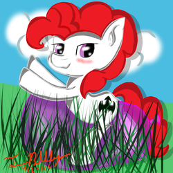 Size: 1000x1000 | Tagged: safe, artist:twibubblegum, oc, oc only, oc:berry pie, balloon, balloon fetish, balloon riding, blushing, grass, outdoors, party balloon, solo, that pony sure does love balloons
