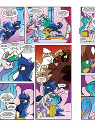 Size: 720x960 | Tagged: safe, artist:jay fosgitt, idw, princess celestia, princess luna, griffon, yak, friends forever #28, g4, my little pony: friends forever, spoiler:comic, preview, royal sisters, unnamed character, unnamed griffon, unnamed yak, well that escalated quickly