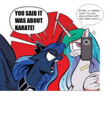 Size: 730x822 | Tagged: safe, edit, idw, princess celestia, princess luna, g4, spoiler:comic, angry, celestibuse, game grumps, guilty, parody, phone, royal sisters, smartphone, verbal abuse, yelling