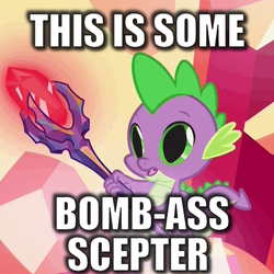 Size: 442x442 | Tagged: safe, edit, screencap, spike, g4, gauntlet of fire, bloodstone scepter, bloodstoned spike, bomb ass tea, caption, dilated pupils, dragon lord spike, meme
